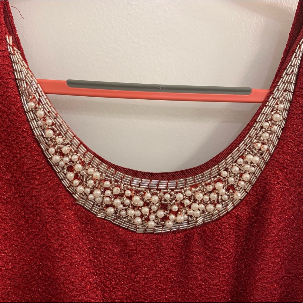Embellished Neck Red Jacquard Lace Maxi